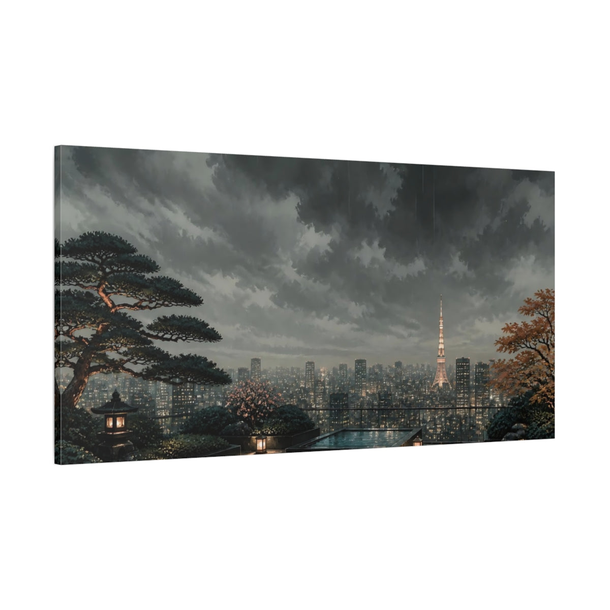 Side Mockup 2. Rainy Tokyo Rooftop Garden shown as canvas print
