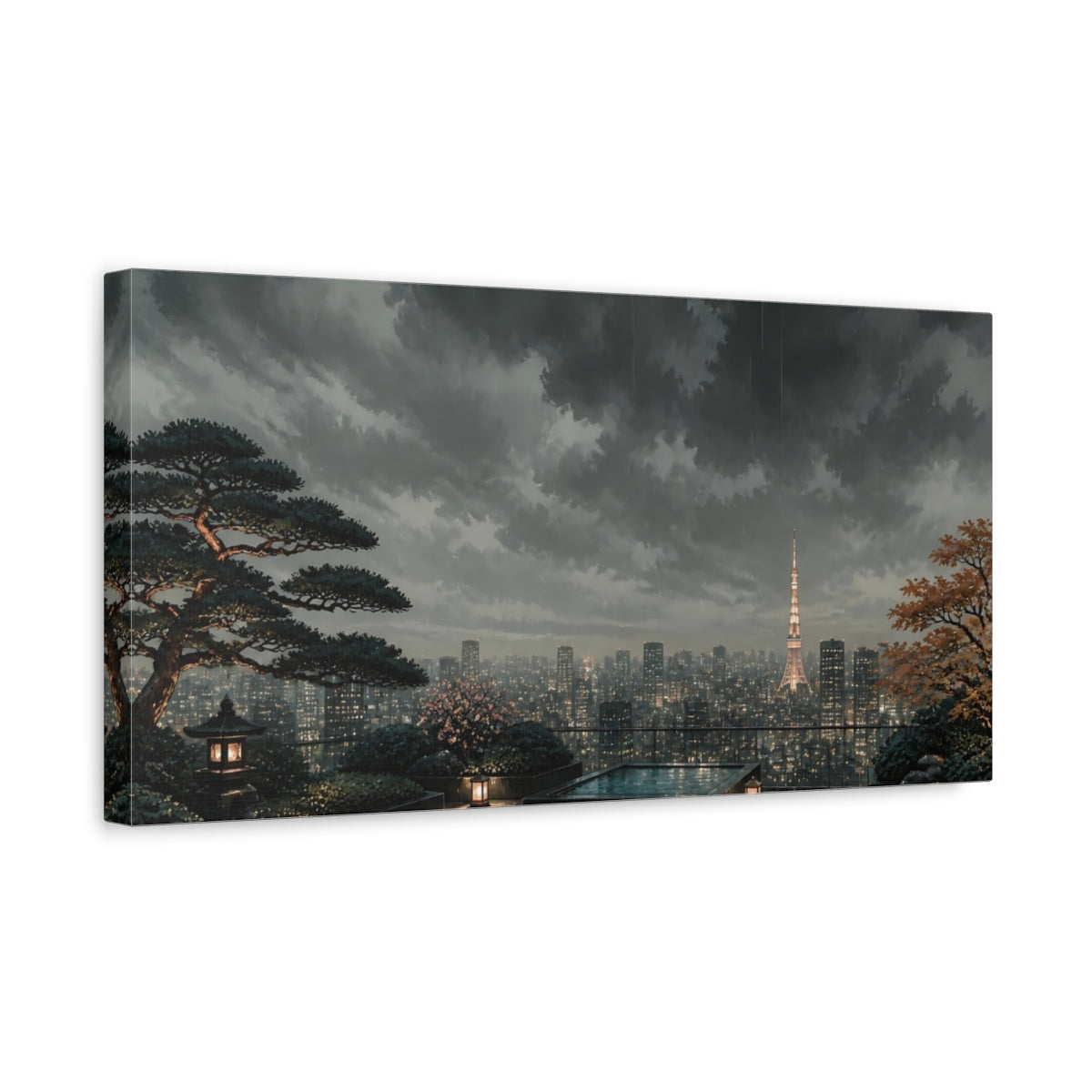 Side Mockup 3. Rainy Tokyo Rooftop Garden shown as canvas print
