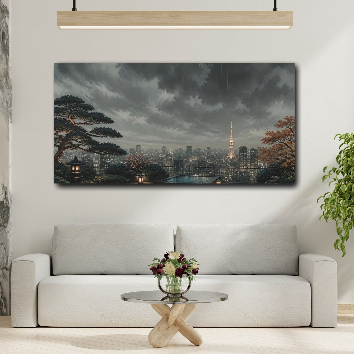Mockup 2. Rainy Tokyo Rooftop Garden shown as canvas print