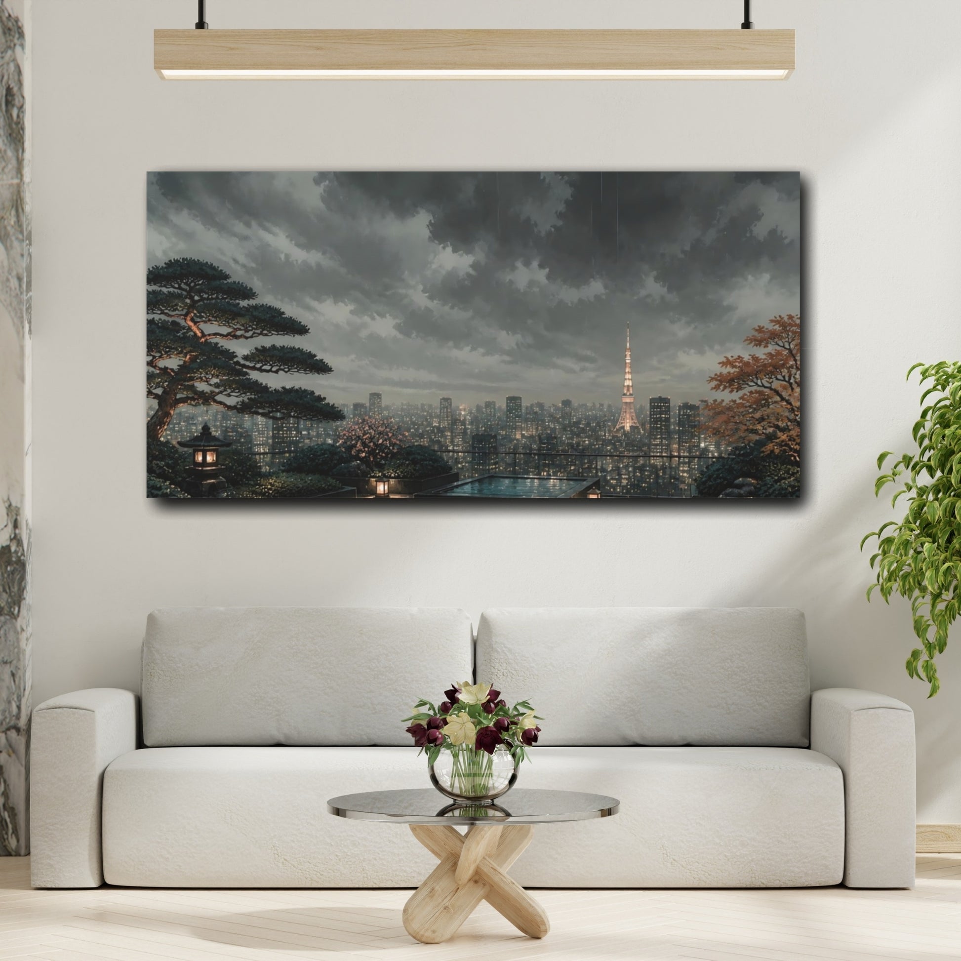 Mockup 2. Rainy Tokyo Rooftop Garden shown as canvas print
