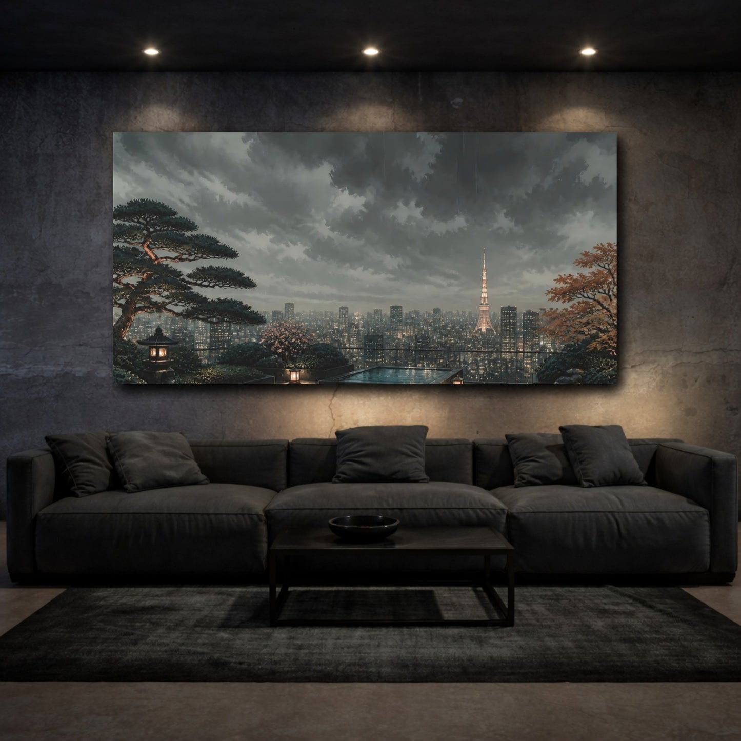 Mockup 3. Rainy Tokyo Rooftop Garden shown as canvas print