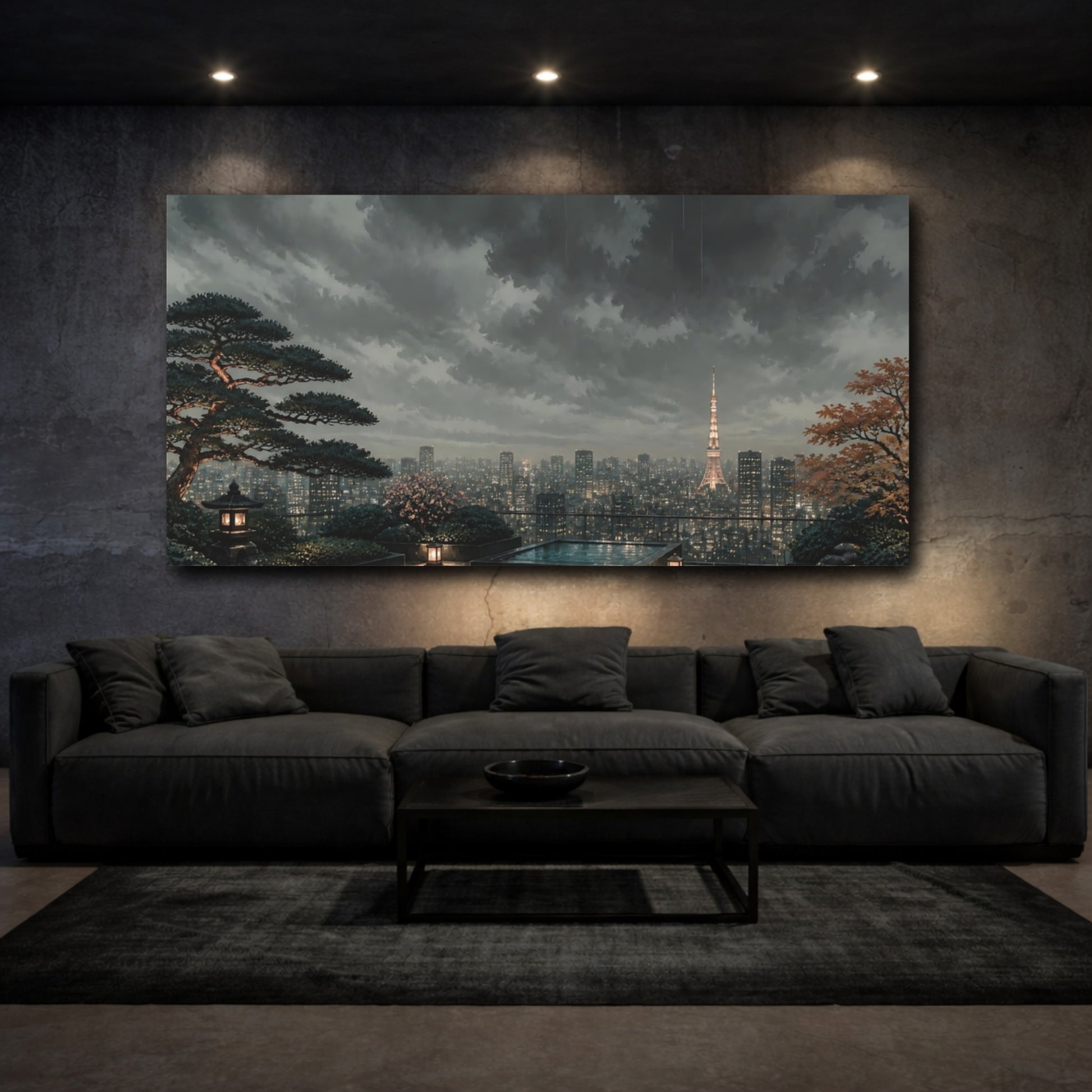 Mockup 3. Rainy Tokyo Rooftop Garden shown as canvas print