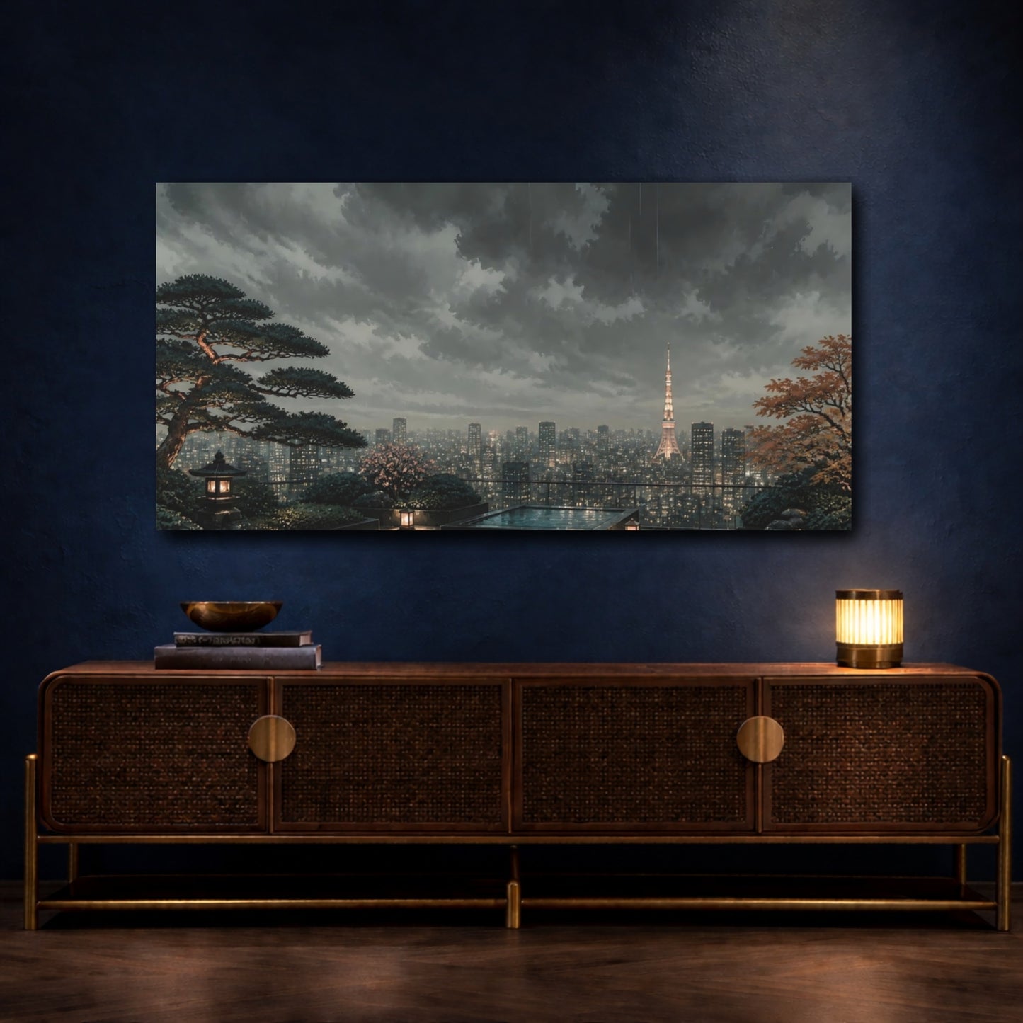 Mockup 4. Rainy Tokyo Rooftop Garden shown as canvas print