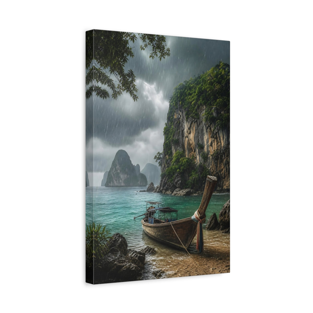 Side Mockup 4. Rainy Tropical Cove shown as canvas print