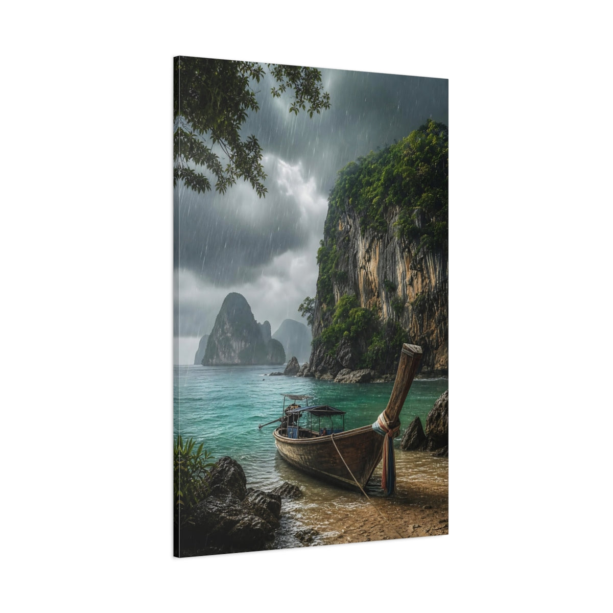 Side Mockup 1. Rainy Tropical Cove shown as canvas print