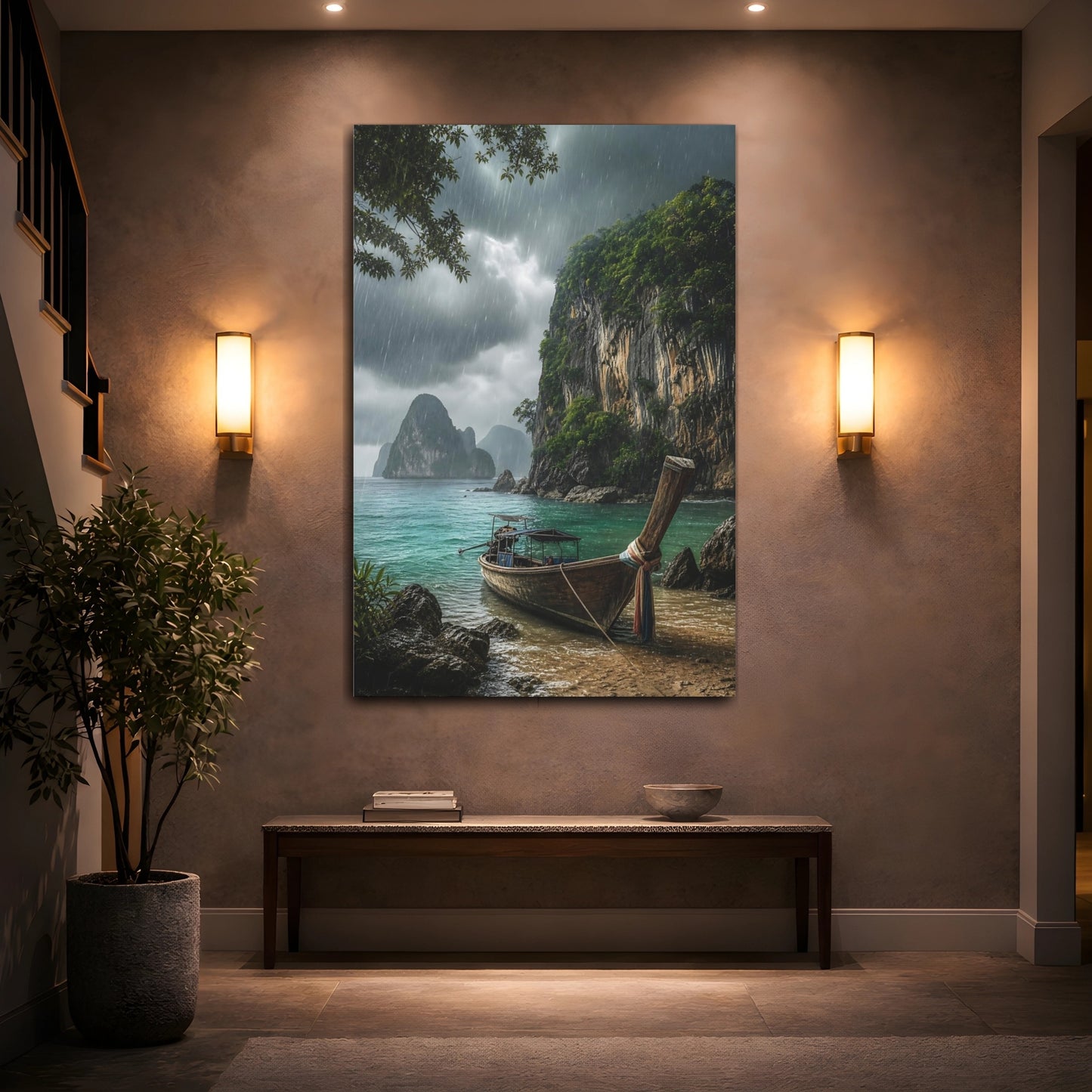 Mockup 2. Rainy Tropical Cove shown as canvas print