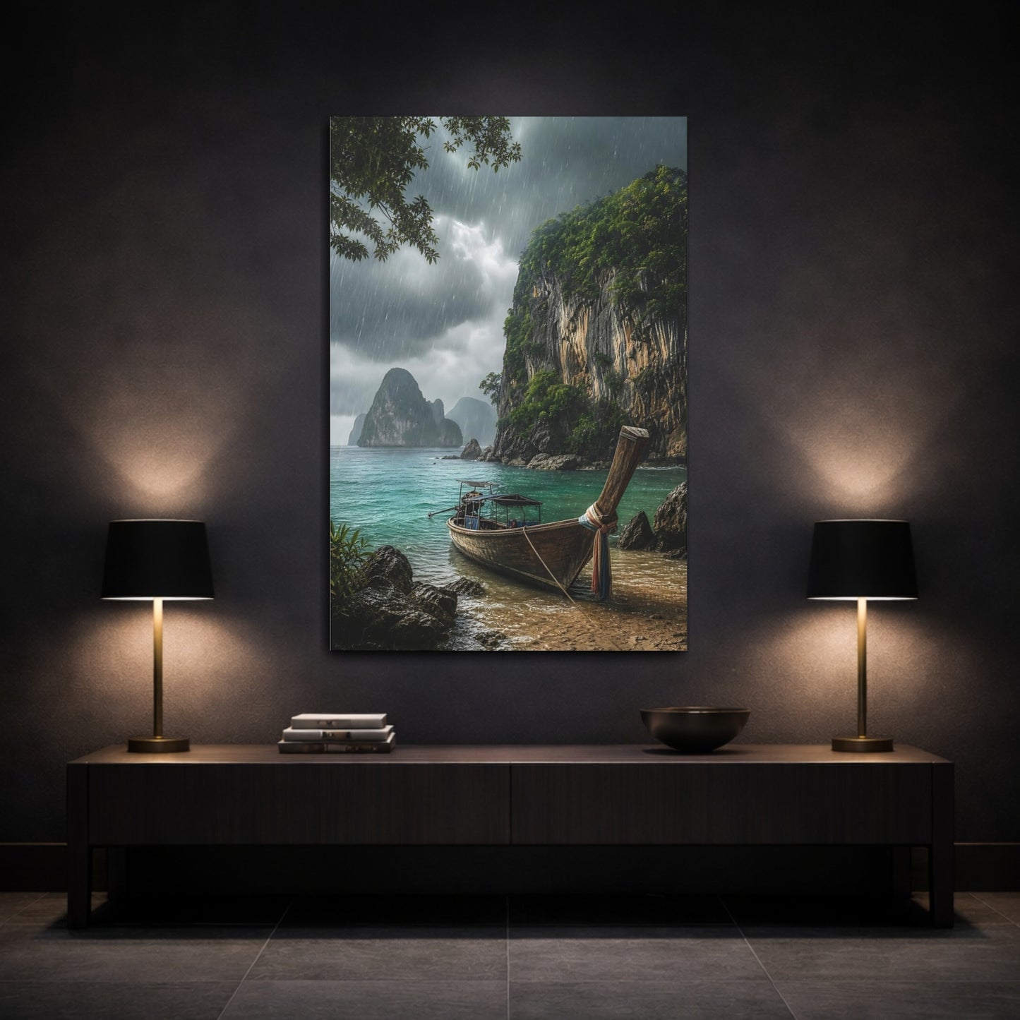 Mockup 3. Rainy Tropical Cove shown as canvas print