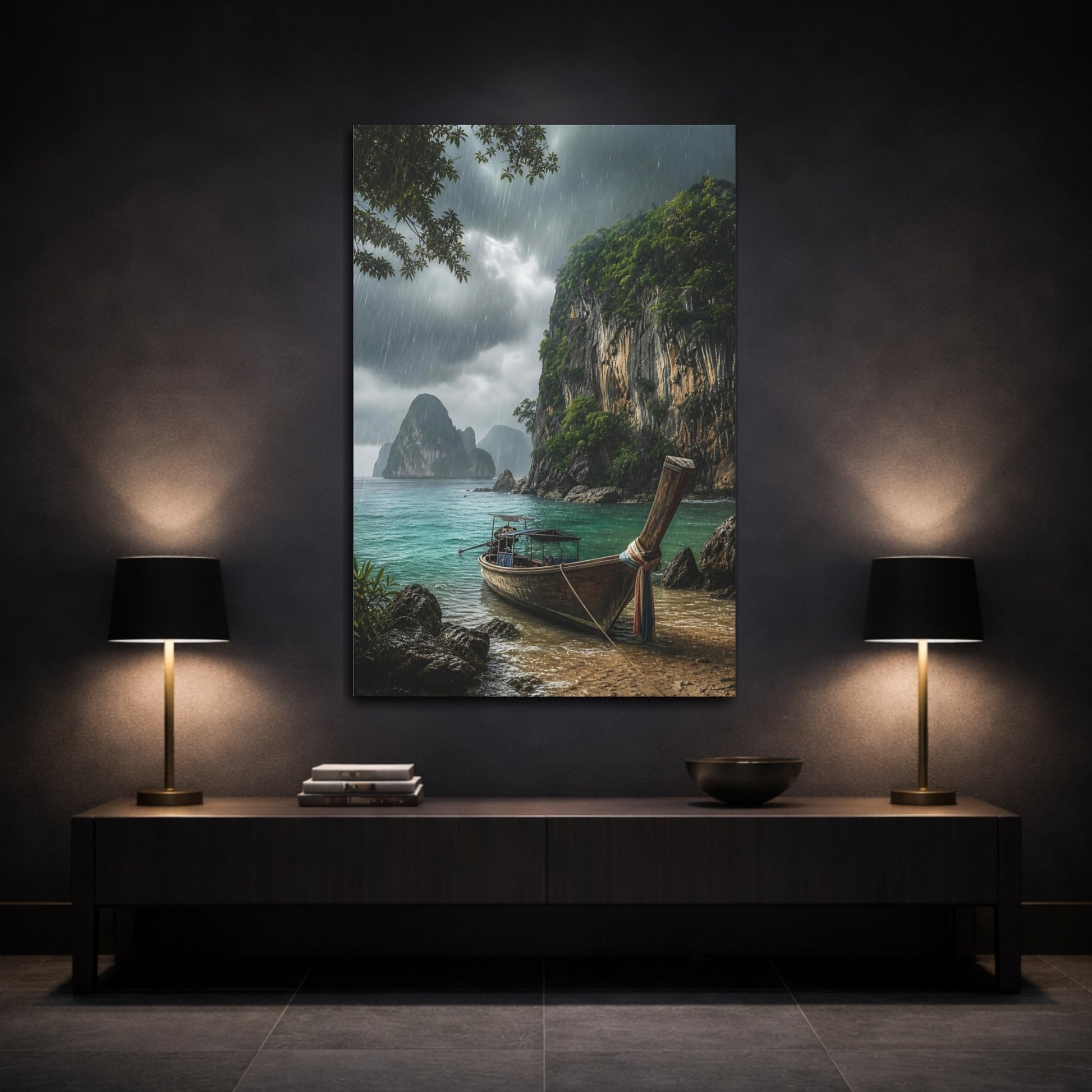 Mockup 3. Rainy Tropical Cove shown as canvas print