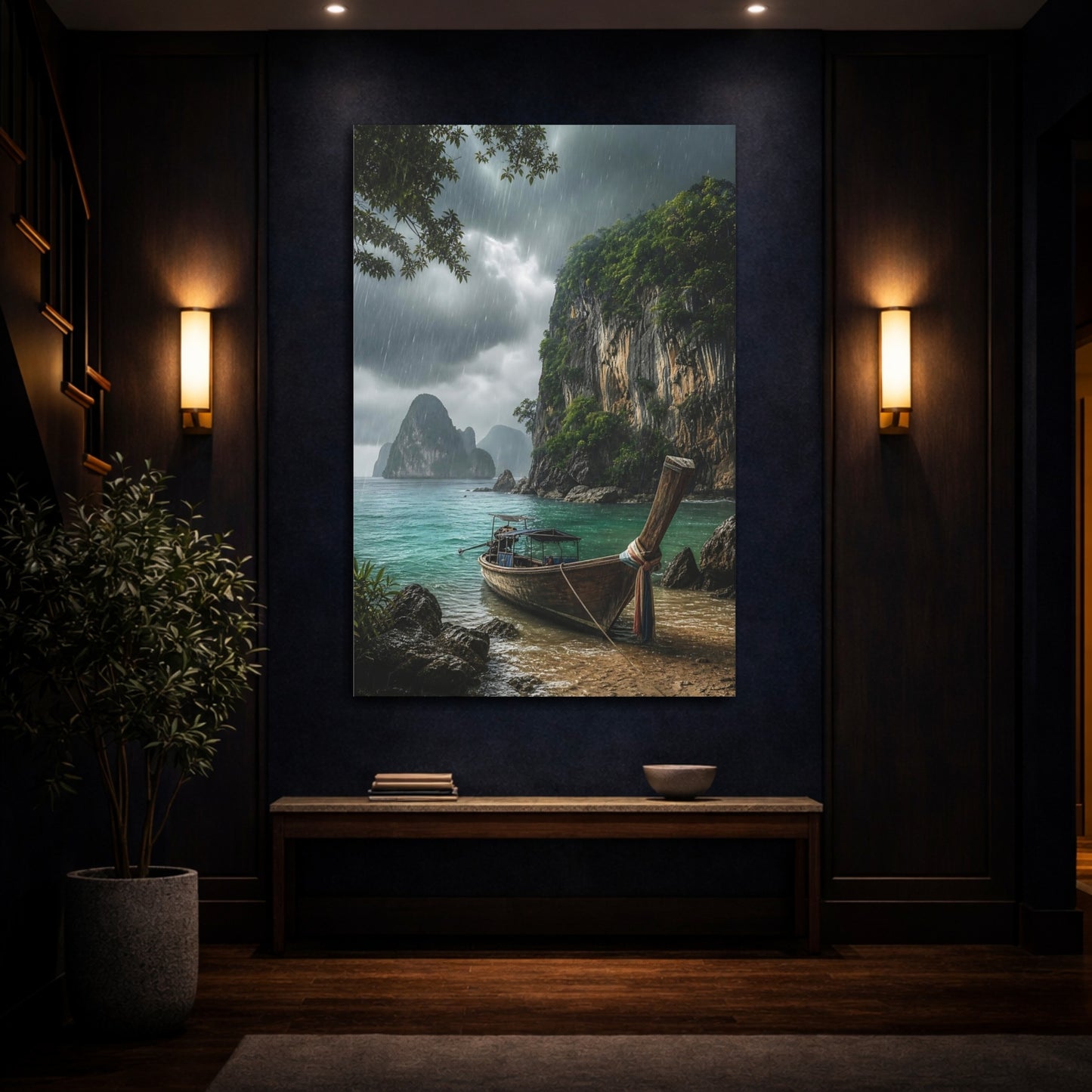 Mockup 4. Rainy Tropical Cove shown as canvas print