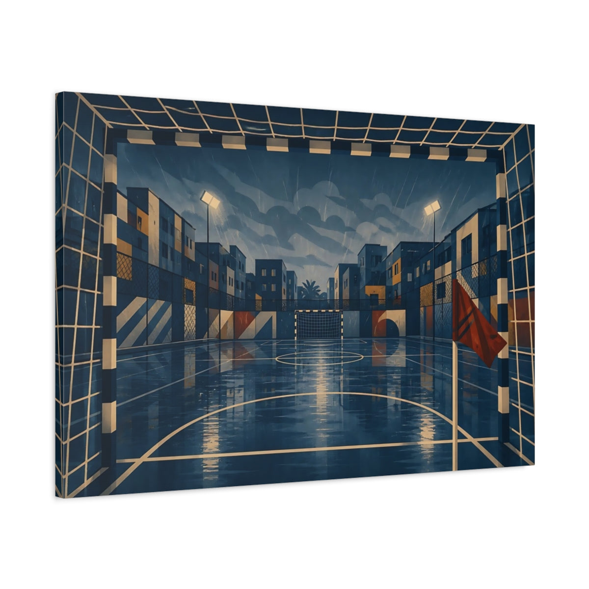 Main Mockup. Rainy Urban Soccer Court shown as canvas print