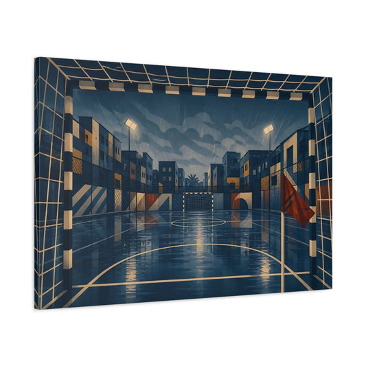 Main Mockup. Rainy Urban Soccer Court shown as canvas print