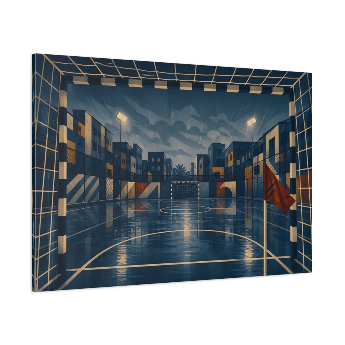 Side Mockup 1. Rainy Urban Soccer Court shown as canvas print