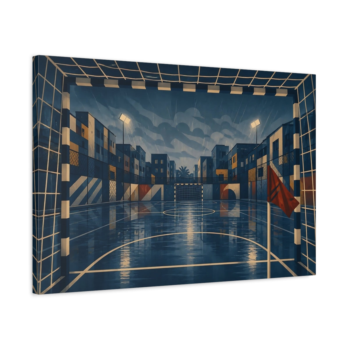 Side Mockup 2. Rainy Urban Soccer Court shown as canvas print