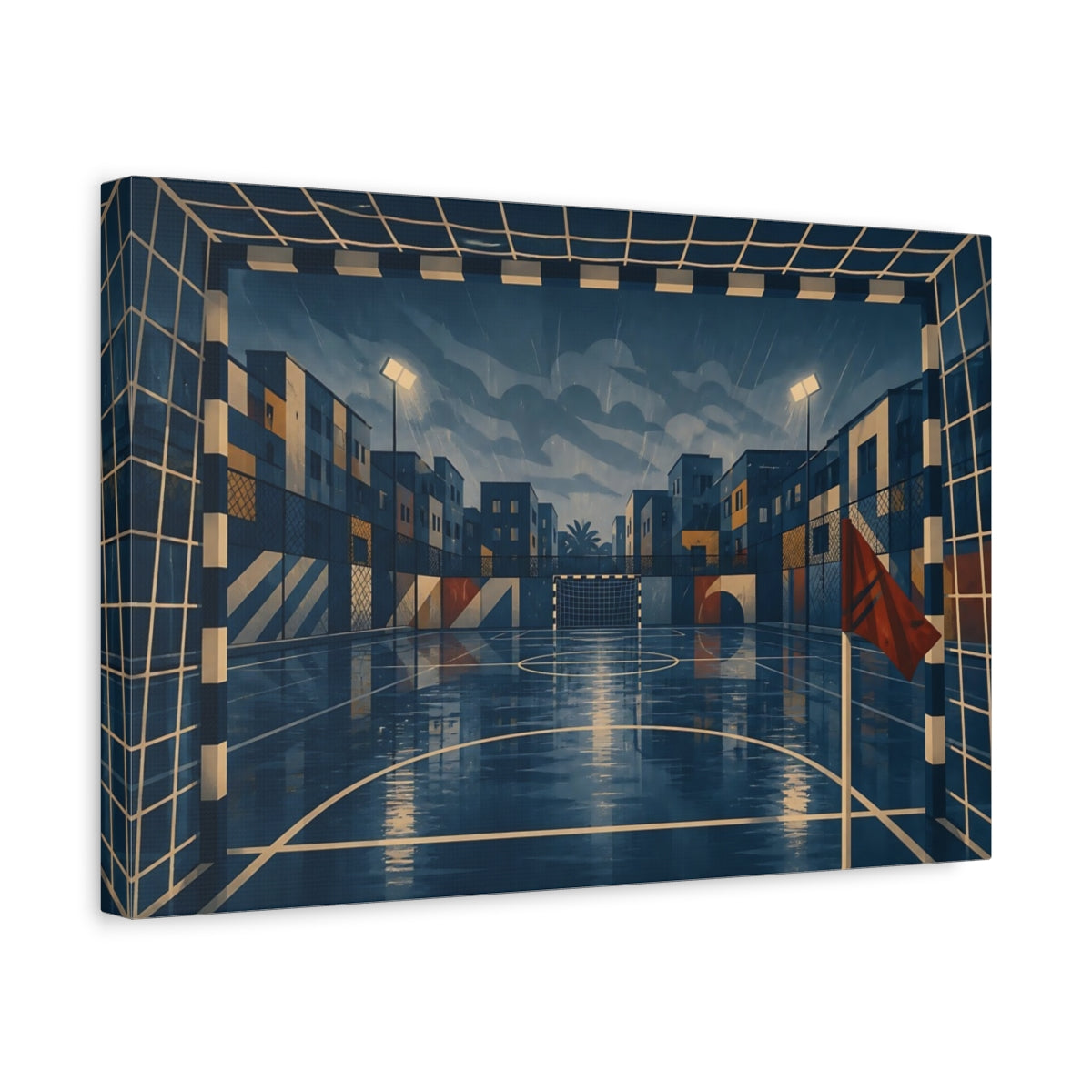Side Mockup 4. Rainy Urban Soccer Court shown as canvas print