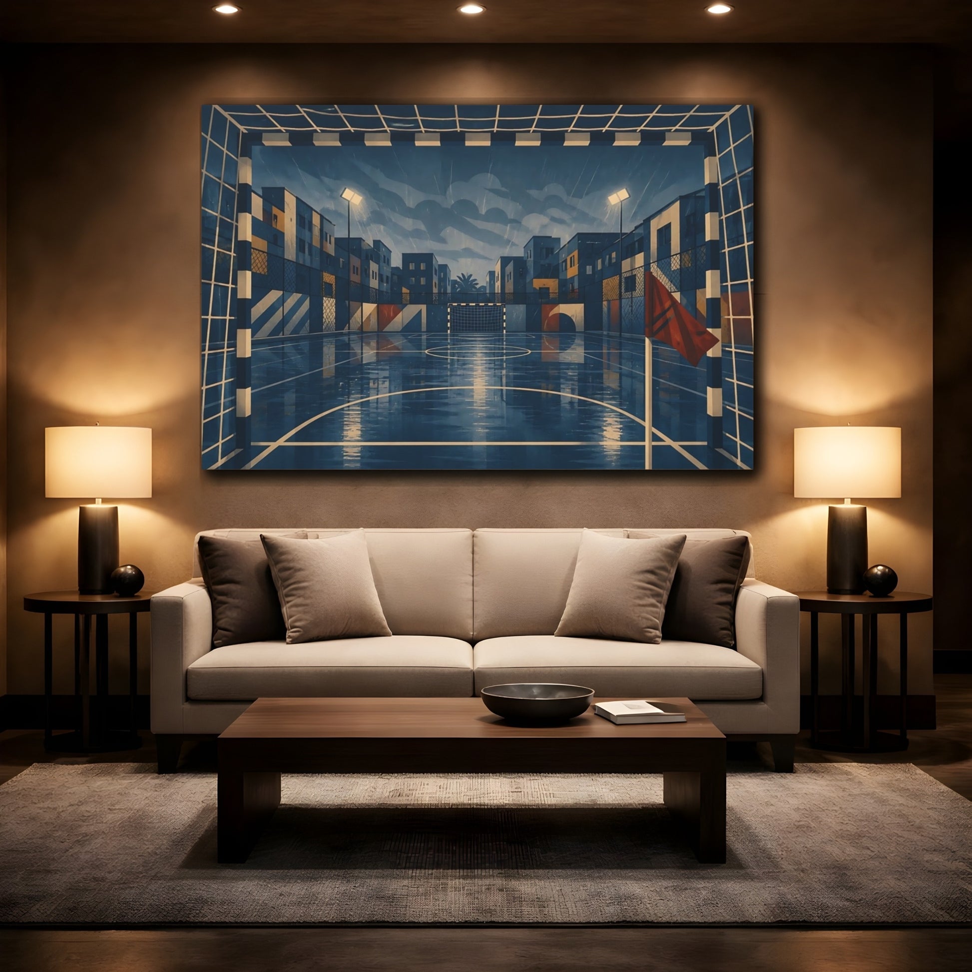 Mockup 2. Rainy Urban Soccer Court shown as canvas print