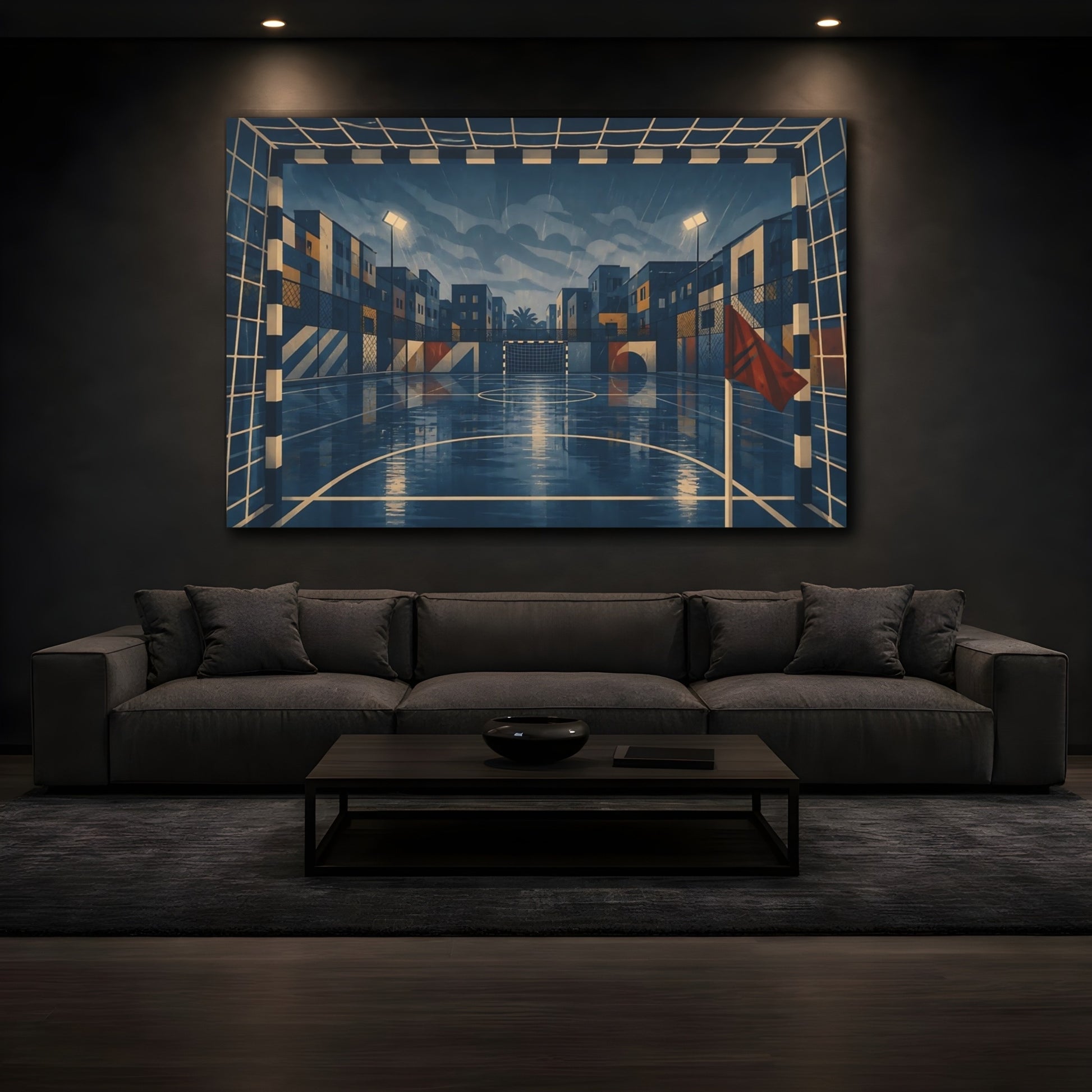Mockup 3. Rainy Urban Soccer Court shown as canvas print