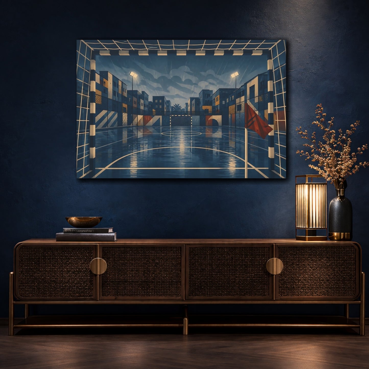 Mockup 4. Rainy Urban Soccer Court shown as canvas print