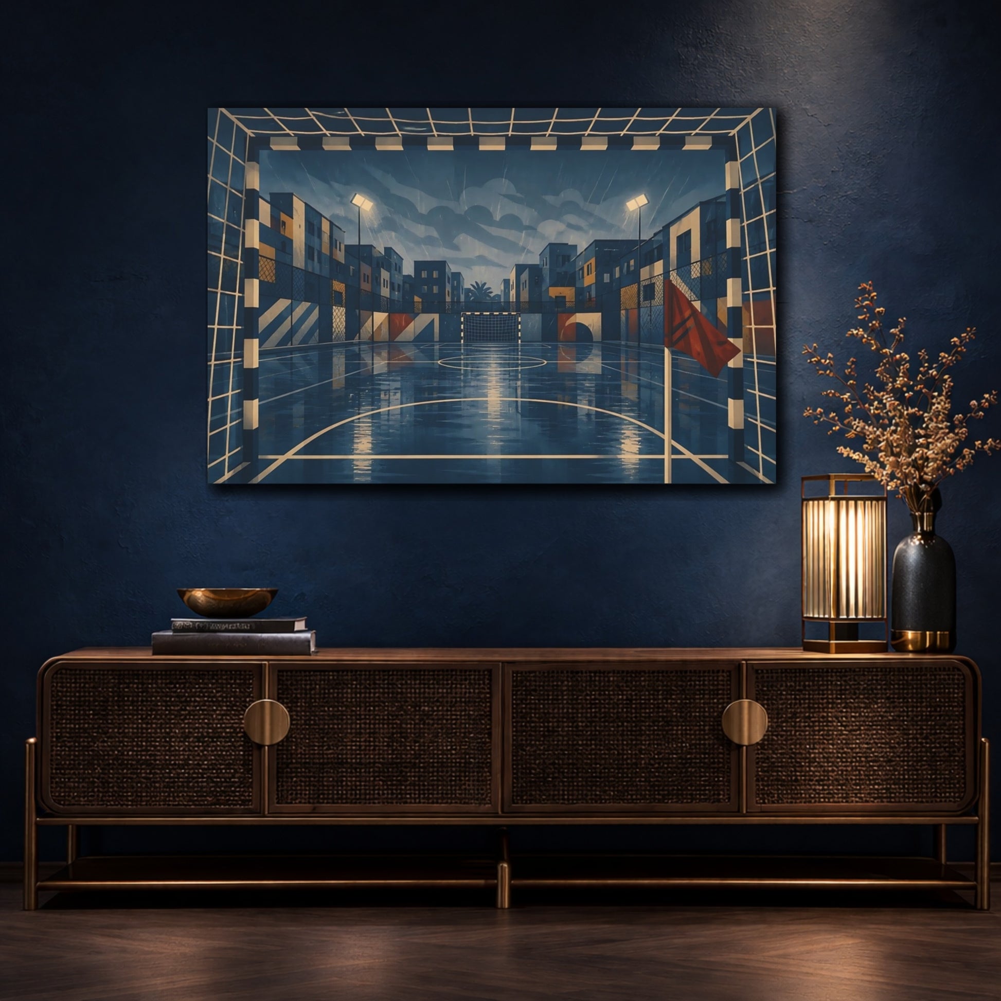 Mockup 4. Rainy Urban Soccer Court shown as canvas print