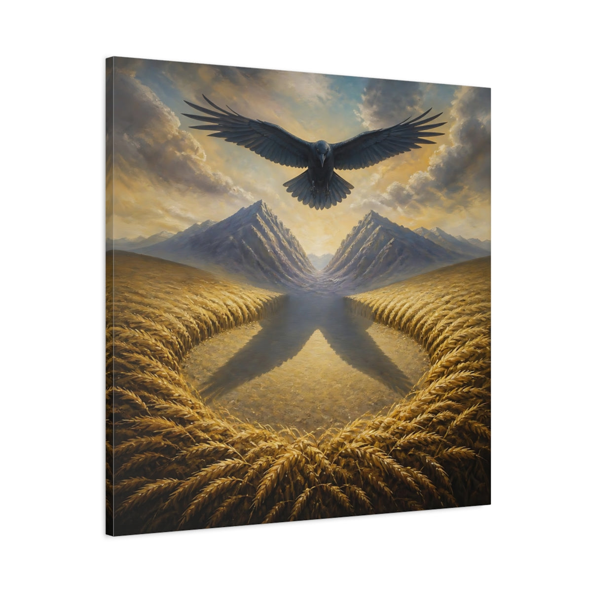 Main Mockup. Raven Over Golden Fields shown as canvas print