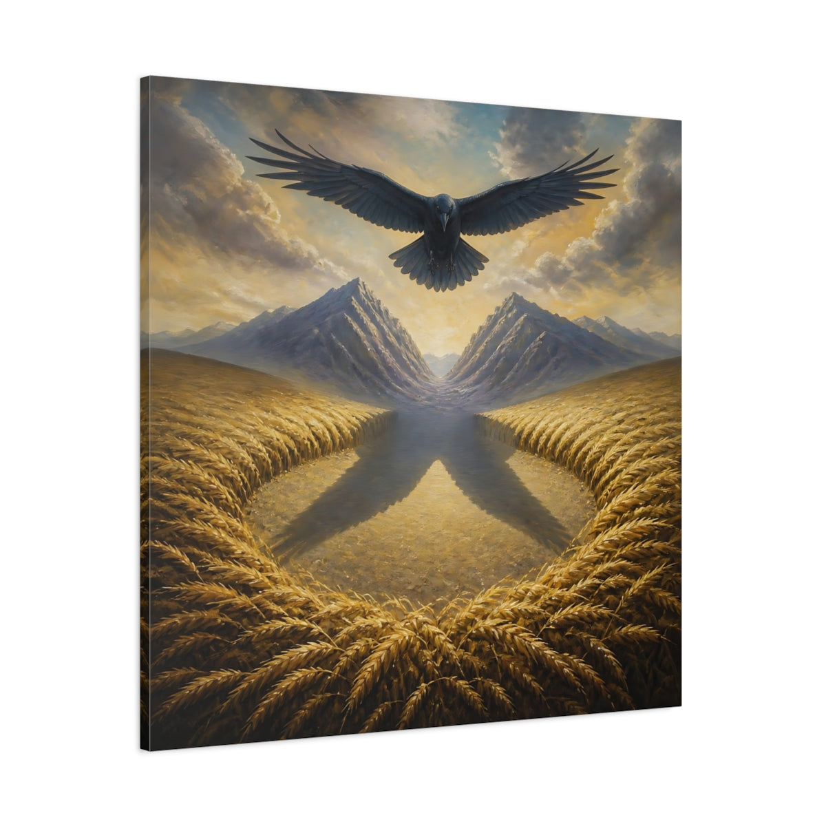 Side Mockup 1. Raven Over Golden Fields shown as canvas print