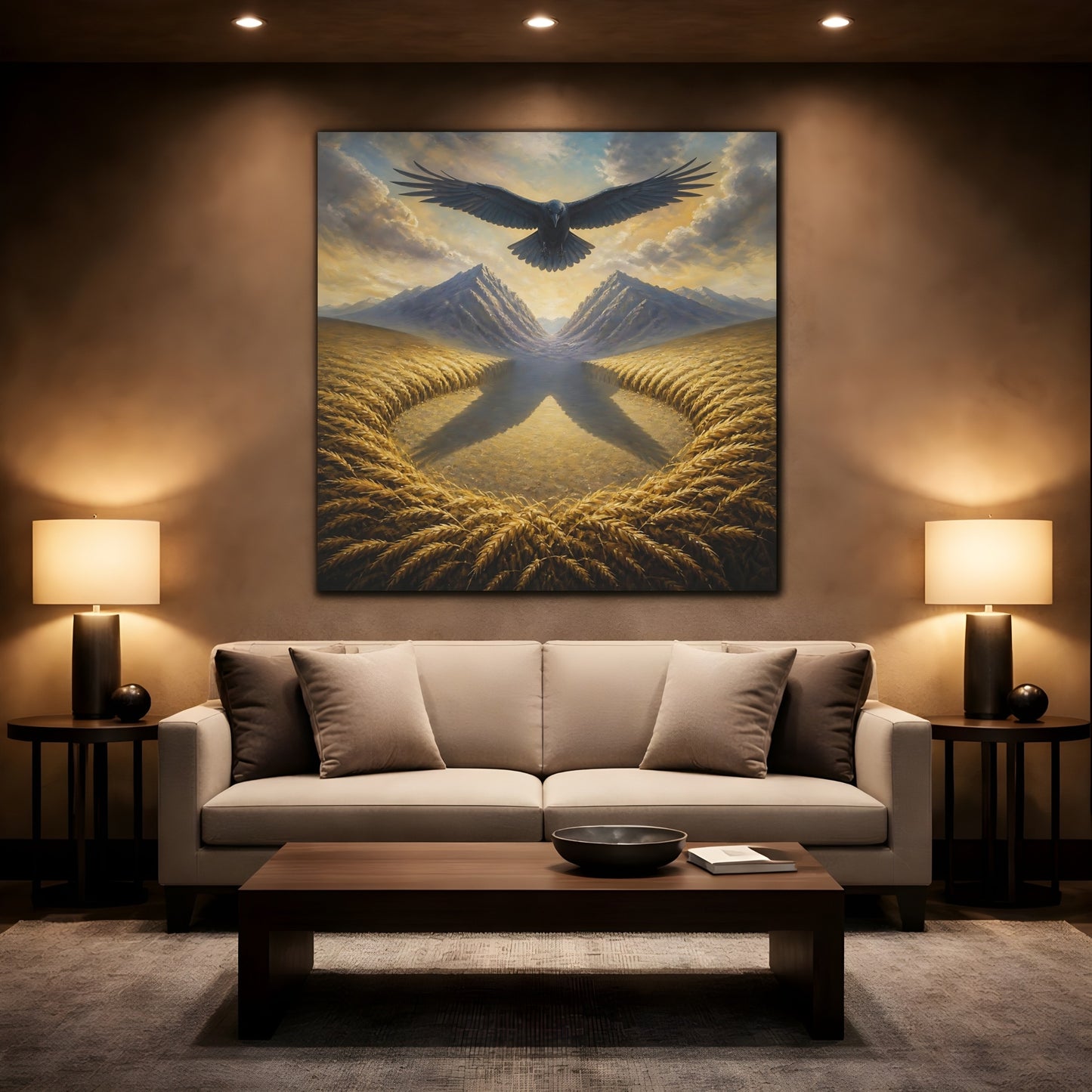 Mockup 2. Raven Over Golden Fields shown as canvas print