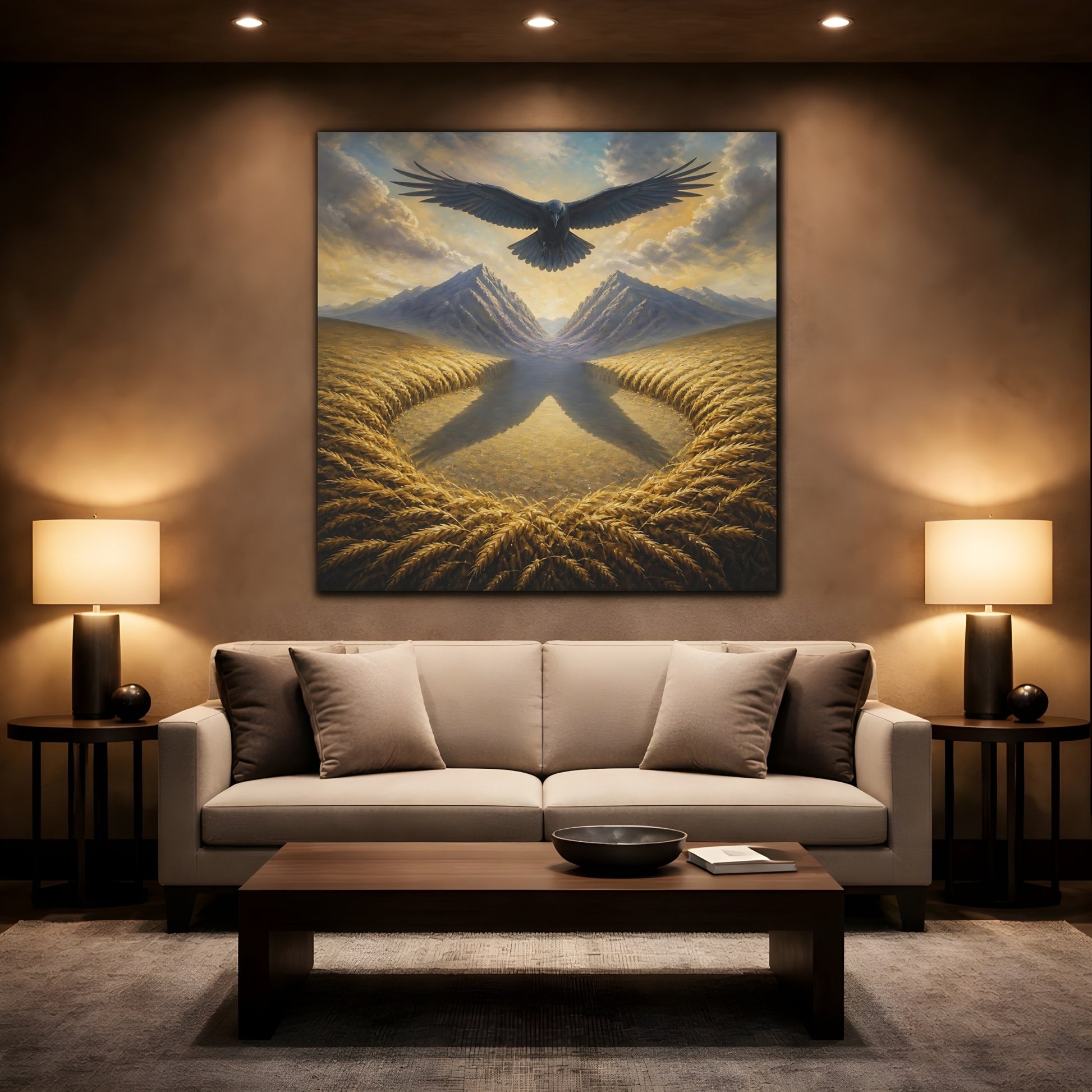 Mockup 2. Raven Over Golden Fields shown as canvas print