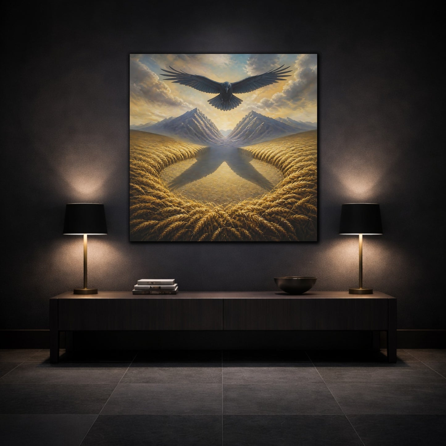 Mockup 3. Raven Over Golden Fields shown as canvas print