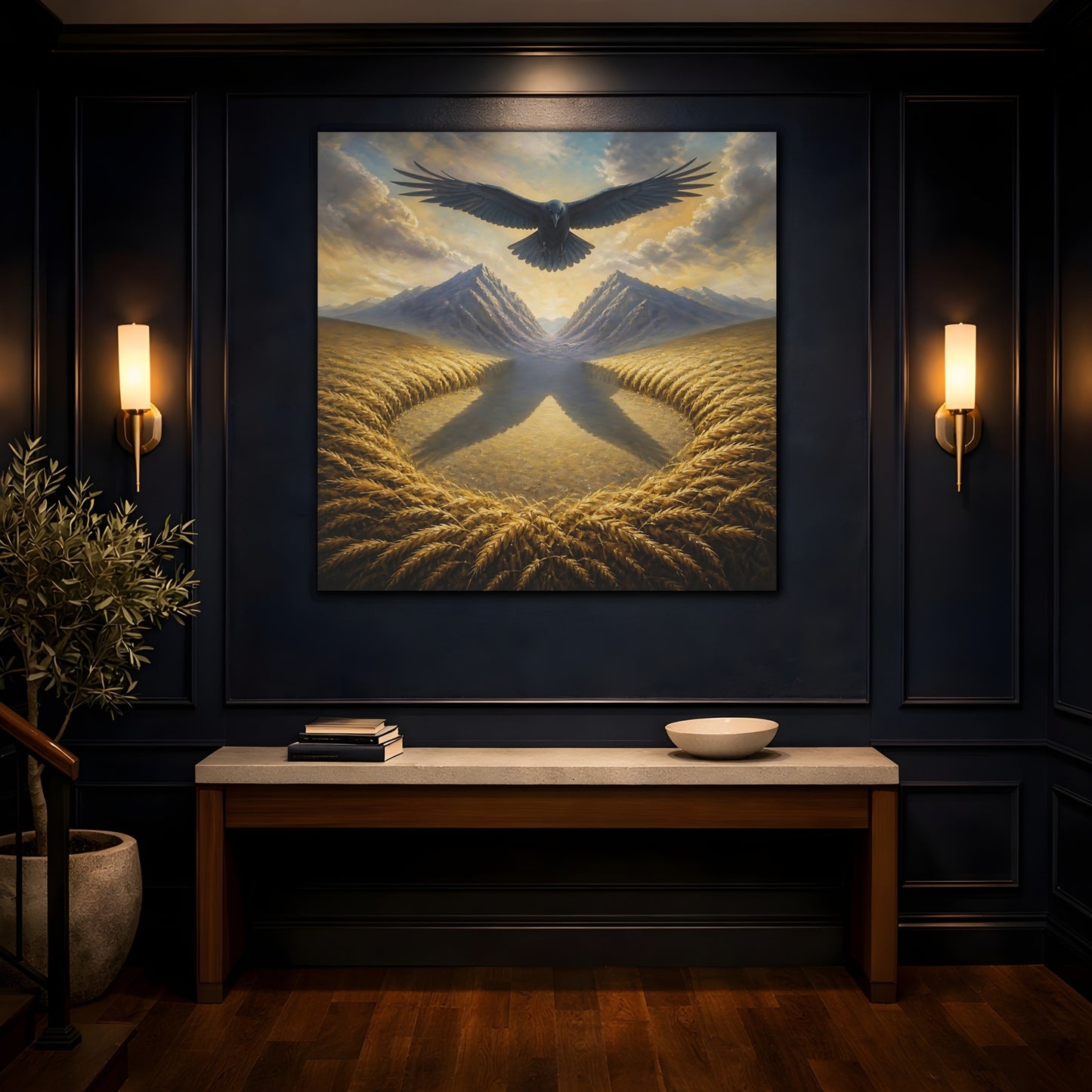 Mockup 4. Raven Over Golden Fields shown as canvas print
