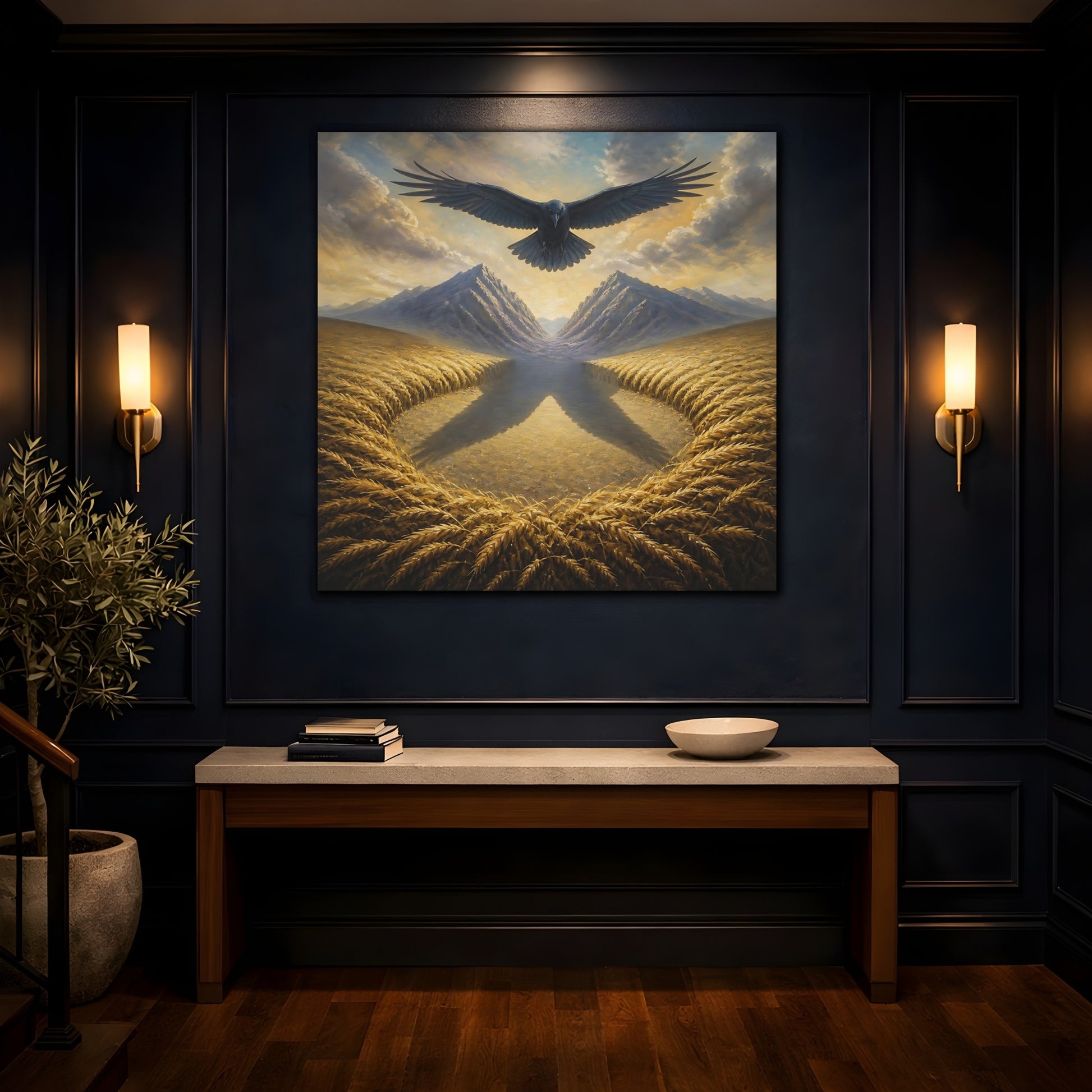 Mockup 4. Raven Over Golden Fields shown as canvas print