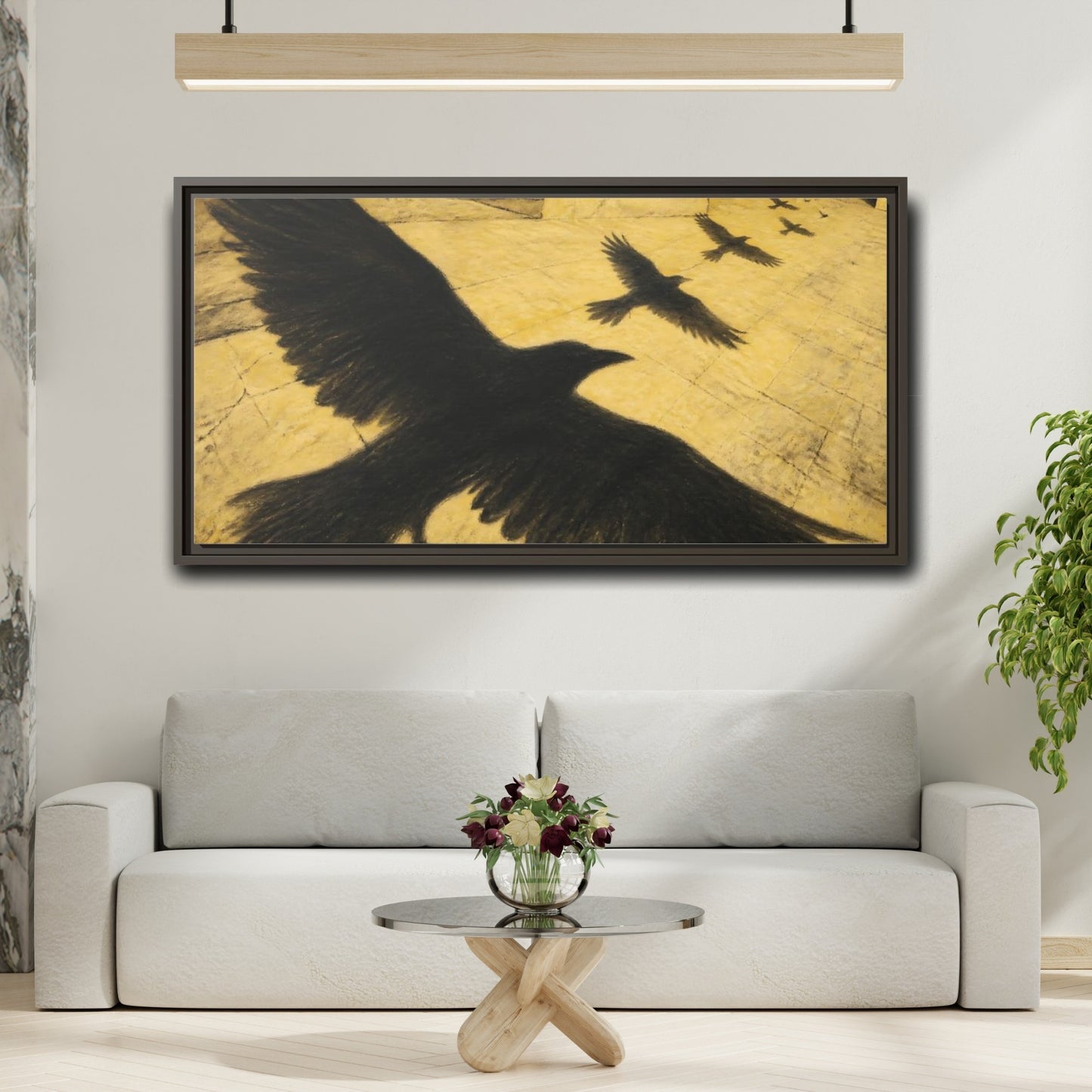 Mockup 2. Raven Shadows Over Courtyard shown as framed canvas print
