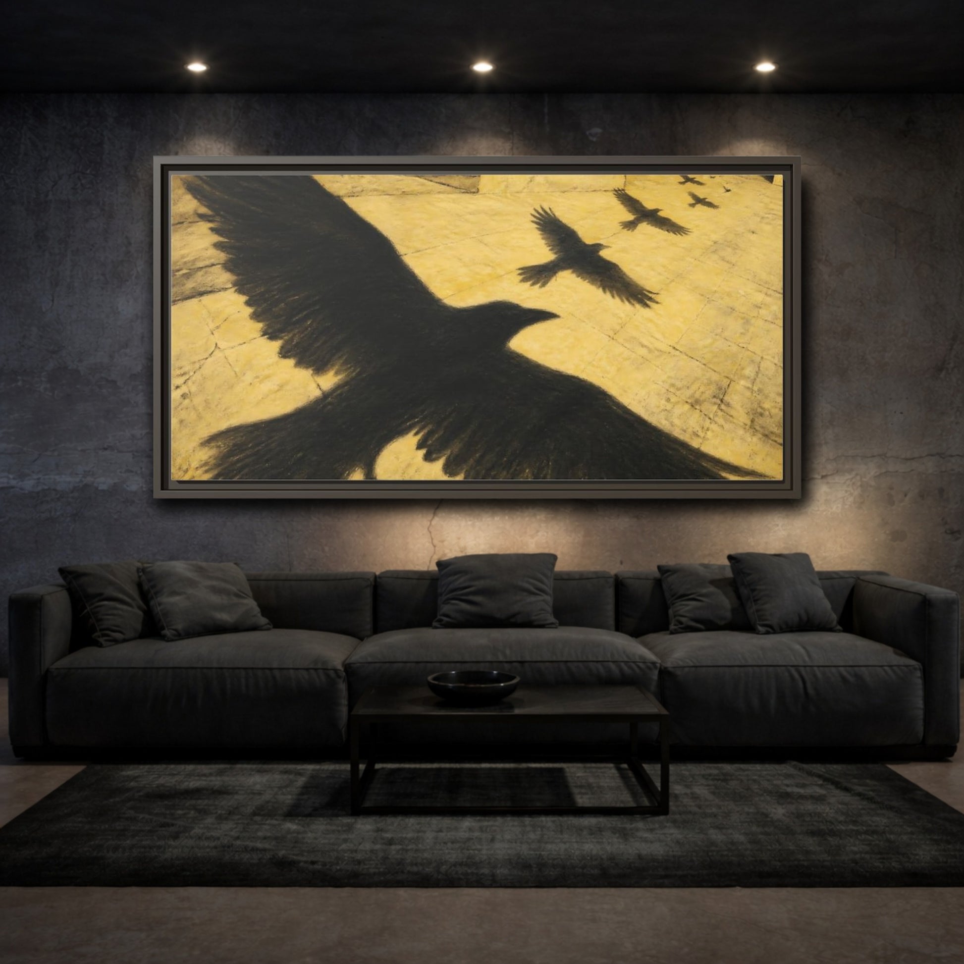 Mockup 3. Raven Shadows Over Courtyard shown as framed canvas print