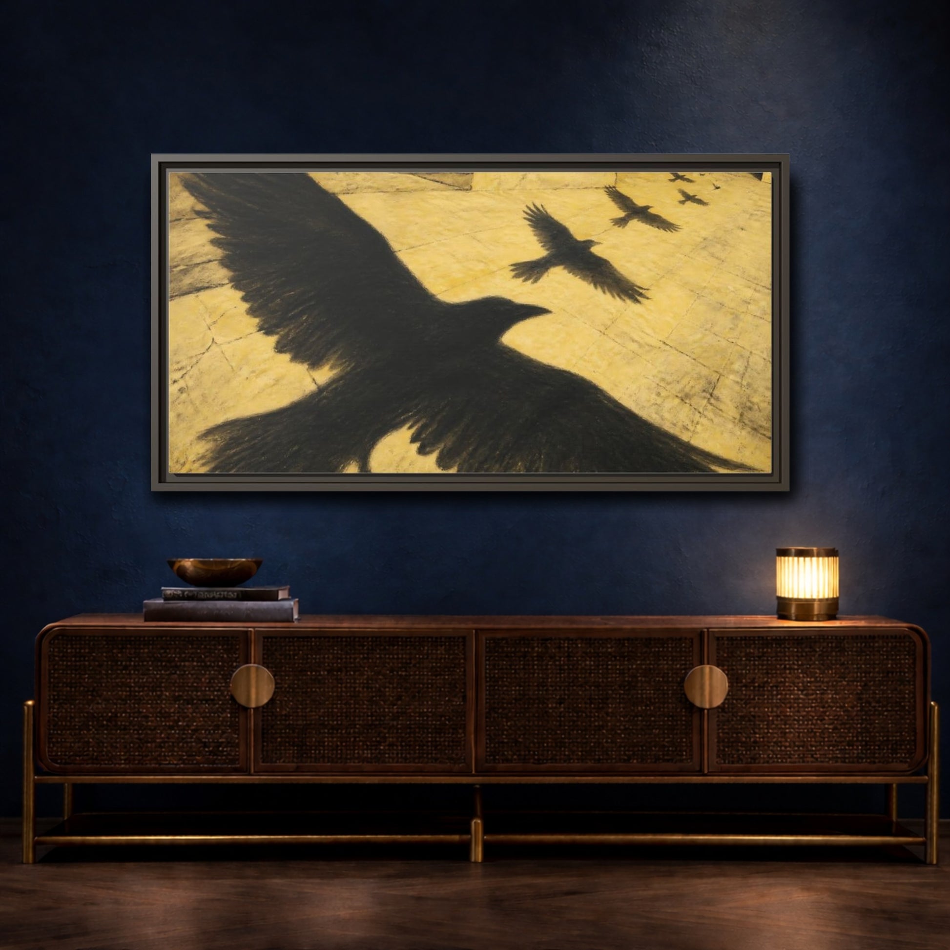 Mockup 4. Raven Shadows Over Courtyard shown as framed canvas print