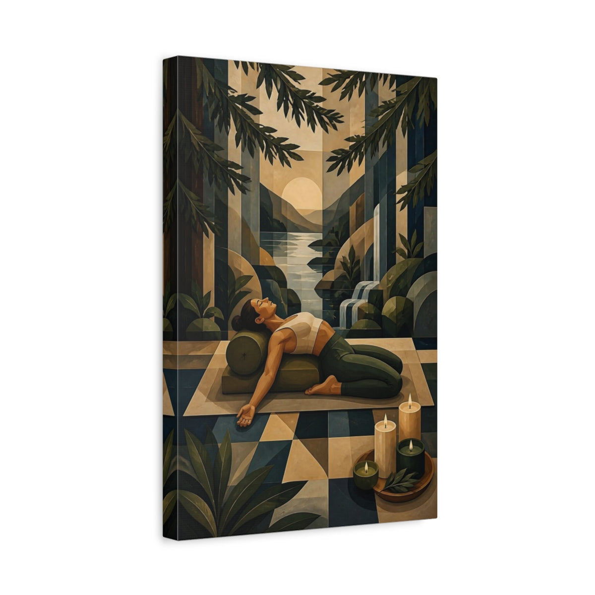 Side Mockup 4. Reclining Woman By Waterfall shown as canvas print
