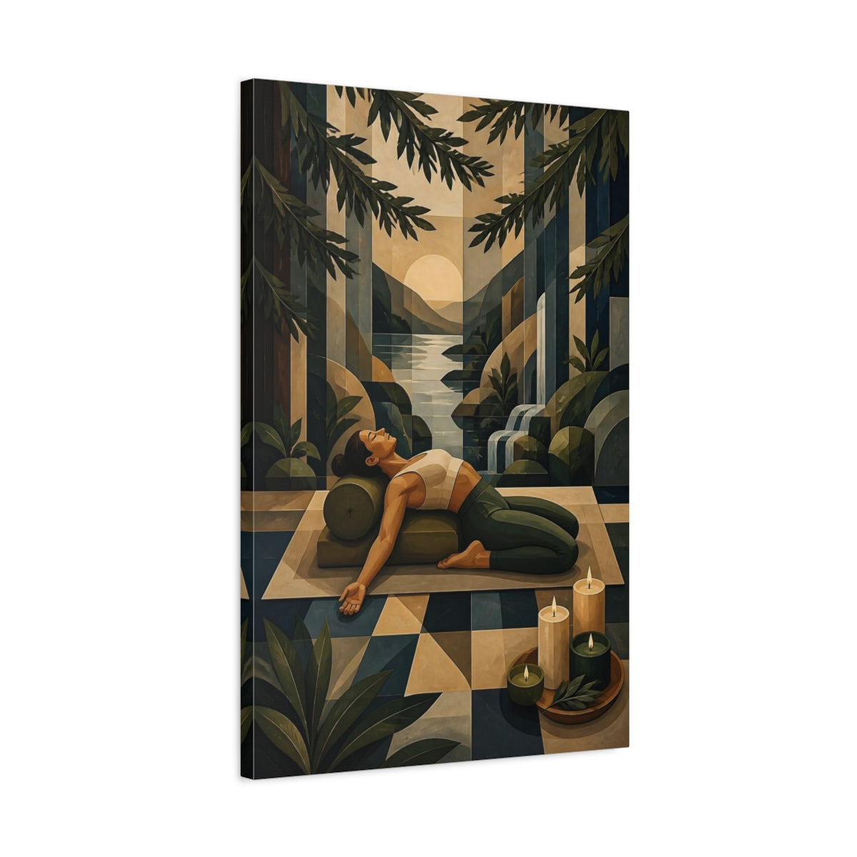 Side Mockup 2. Reclining Woman By Waterfall shown as canvas print