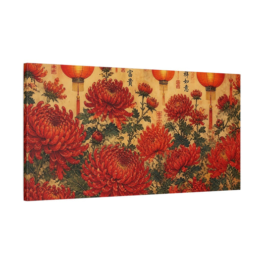 Main Mockup. Red Chrysanthemums & Lanterns shown as canvas print