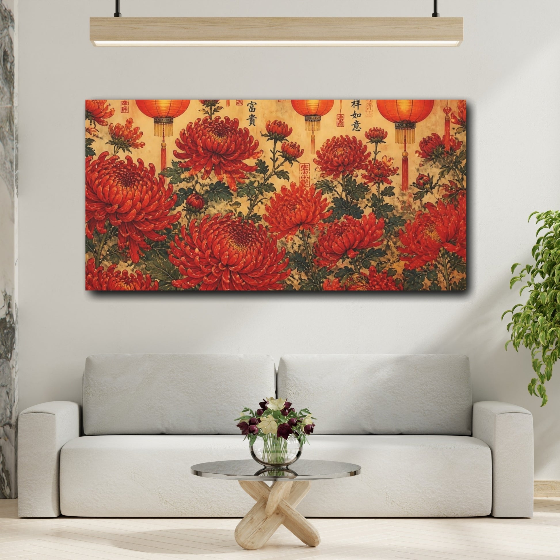 Mockup 2. Red Chrysanthemums & Lanterns shown as canvas print