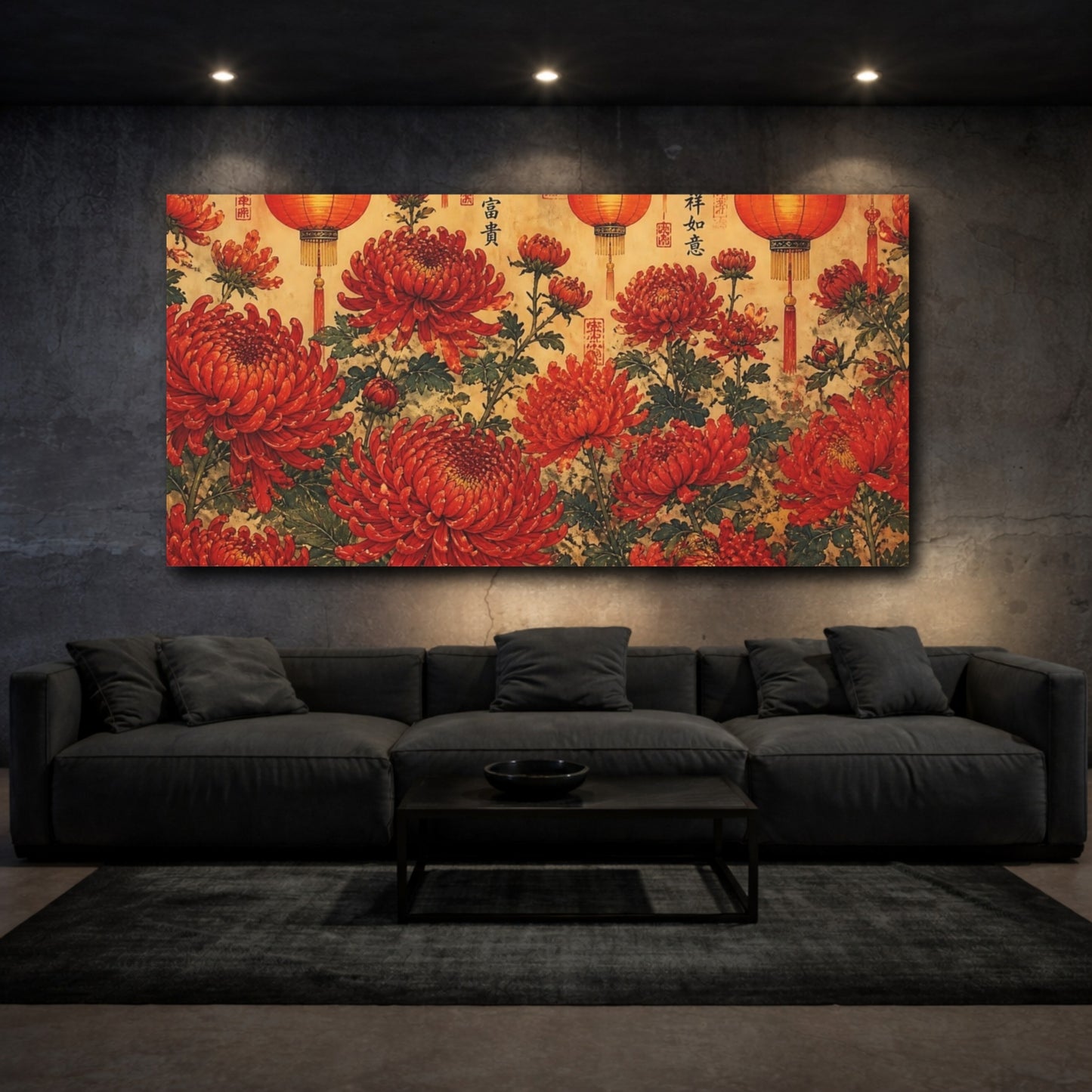 Mockup 3. Red Chrysanthemums & Lanterns shown as canvas print