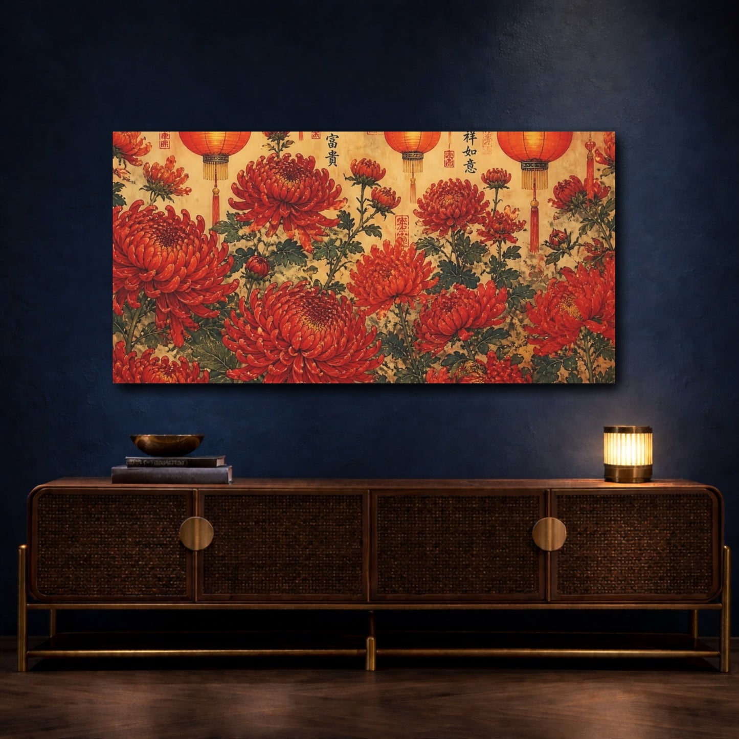 Mockup 4. Red Chrysanthemums & Lanterns shown as canvas print
