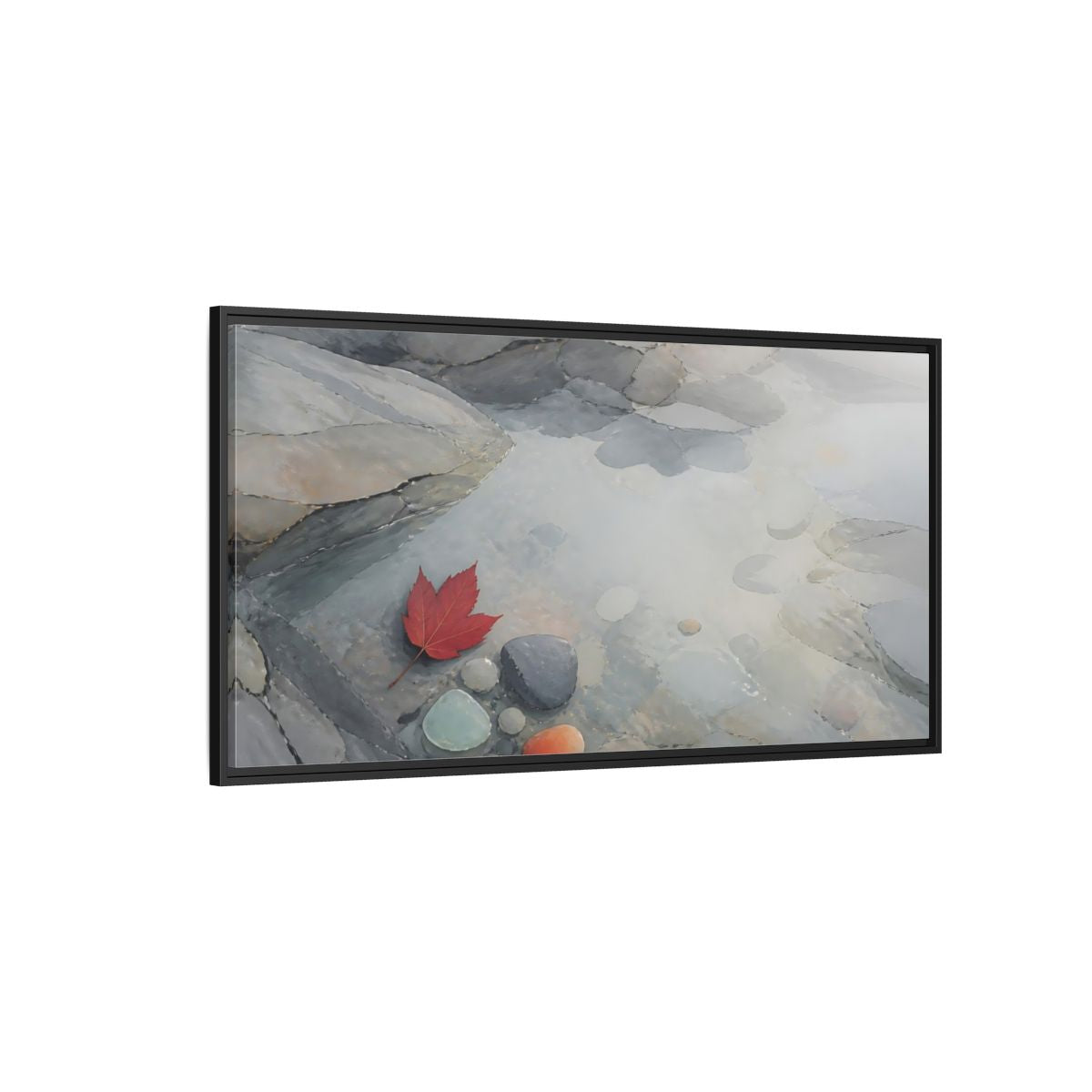 Side Mockup 5. Red Leaf On Slate Stones shown as framed canvas print
