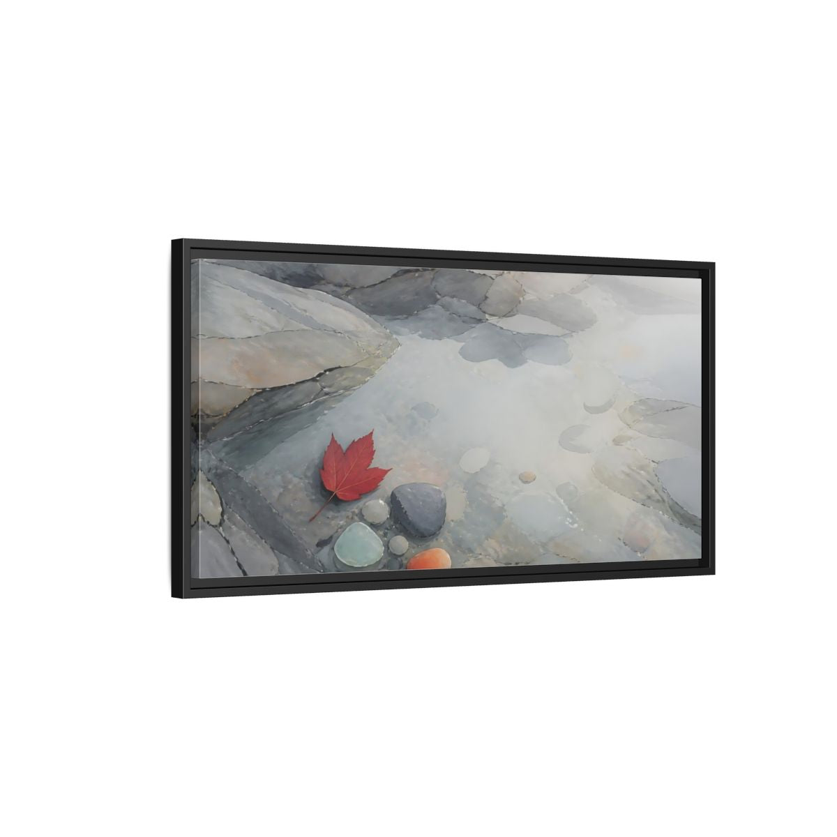 Side Mockup 2. Red Leaf On Slate Stones shown as framed canvas print