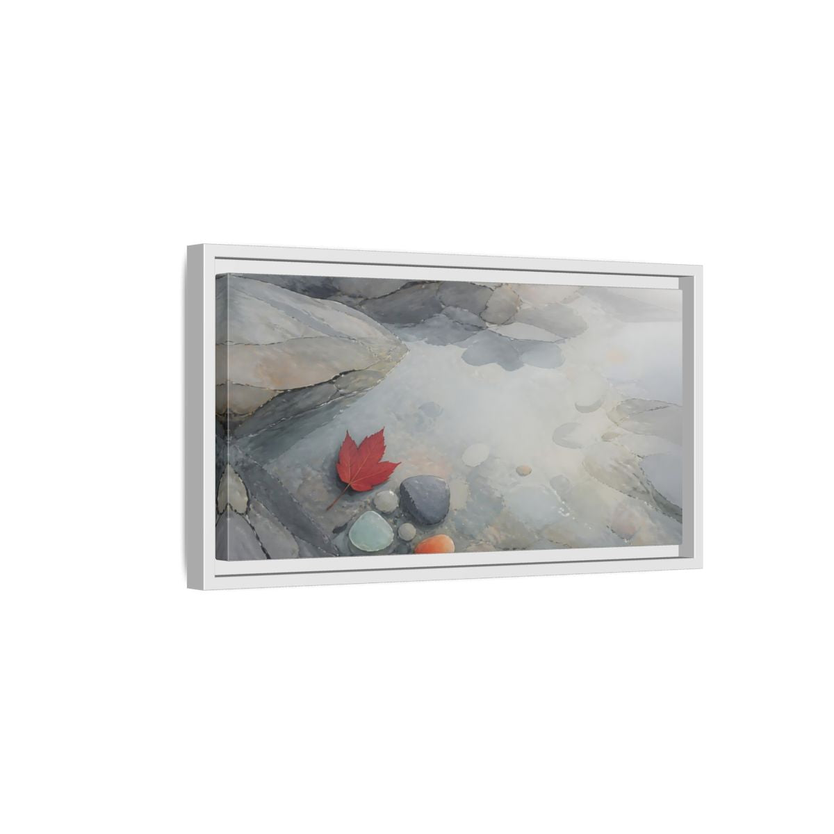 Side Mockup 6. Red Leaf On Slate Stones shown as framed canvas print