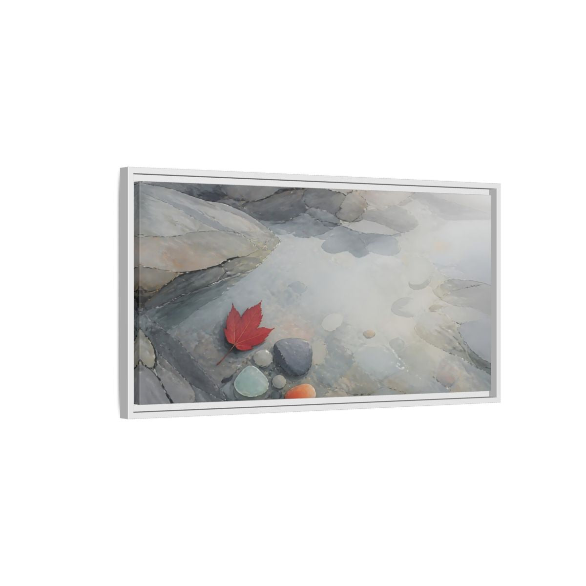 Side Mockup 1. Red Leaf On Slate Stones shown as framed canvas print