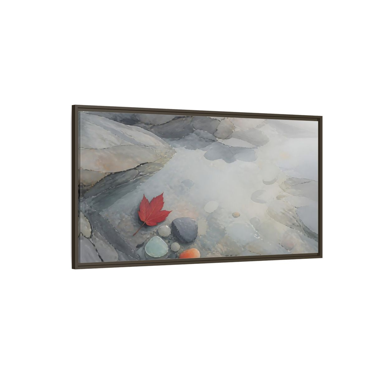 Side Mockup 4. Red Leaf On Slate Stones shown as framed canvas print