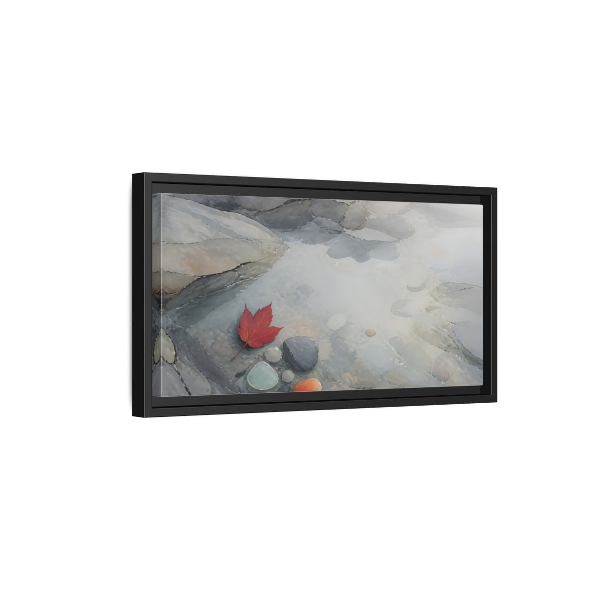 Side Mockup 8. Red Leaf On Slate Stones shown as framed canvas print