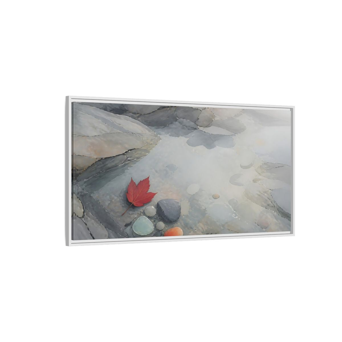 Side Mockup 3. Red Leaf On Slate Stones shown as framed canvas print