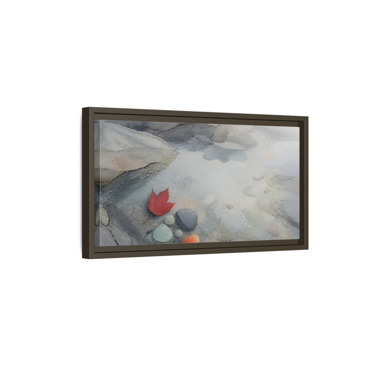 Side Mockup 7. Red Leaf On Slate Stones shown as framed canvas print