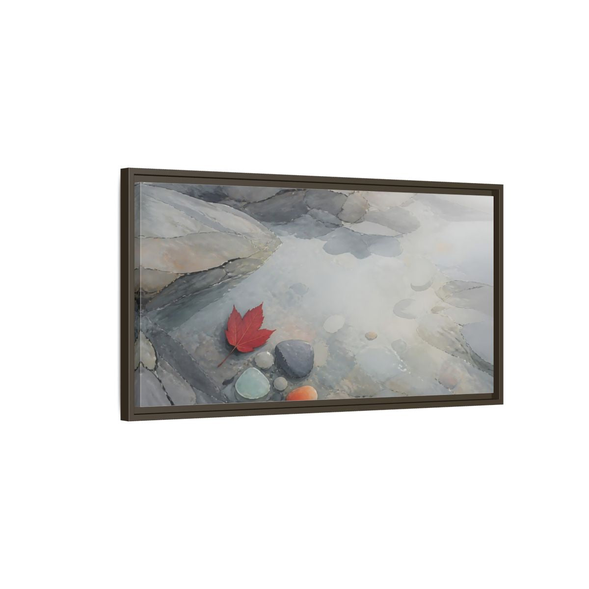 Main Mockup. Red Leaf On Slate Stones shown as framed canvas print