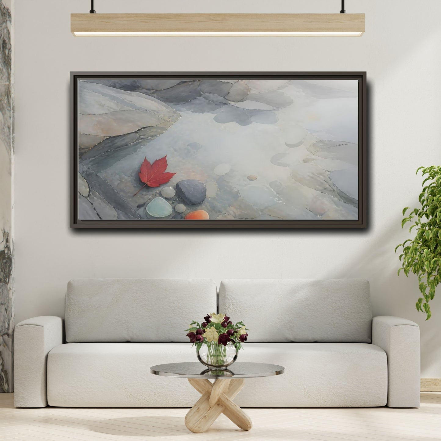 Mockup 2. Red Leaf On Slate Stones shown as framed canvas print