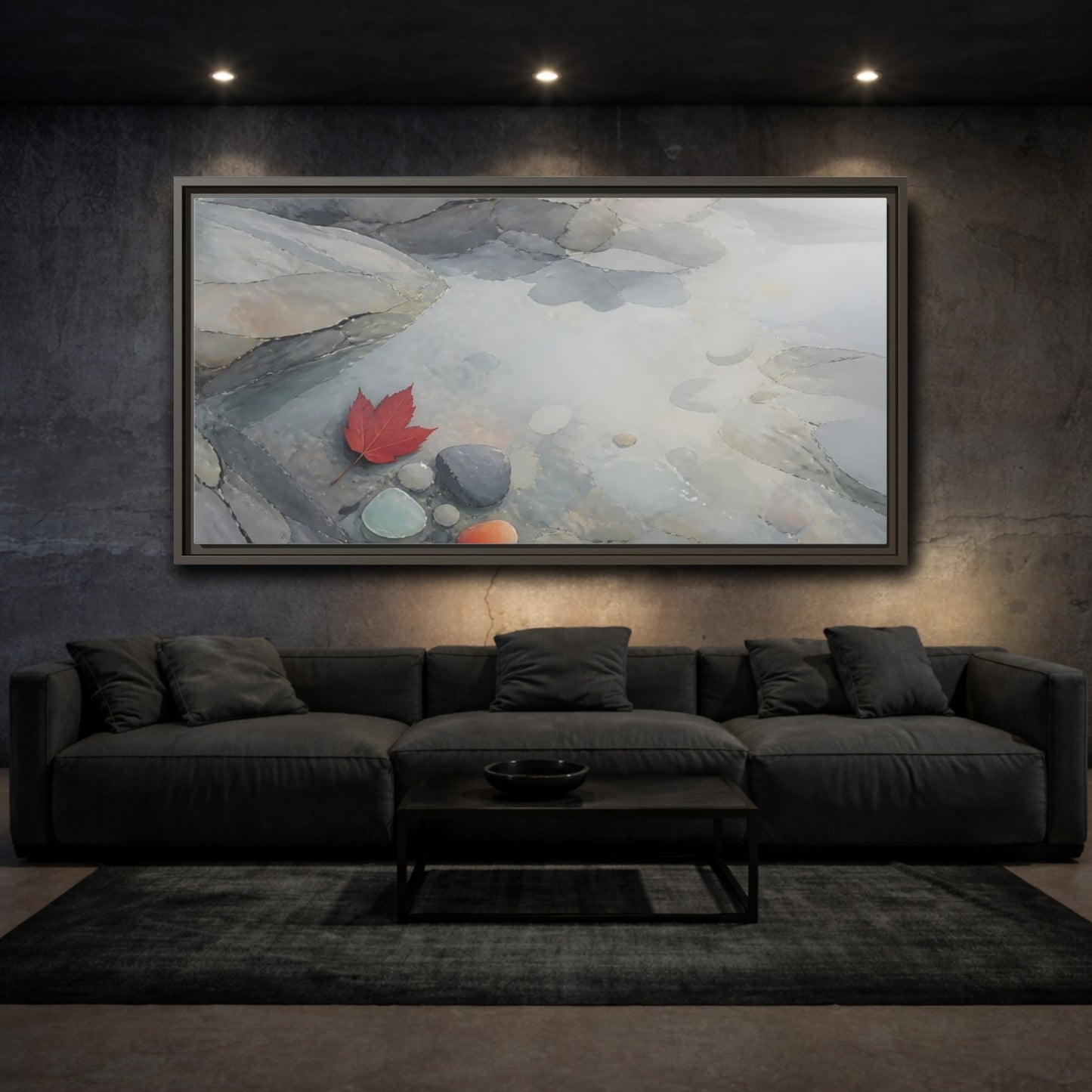 Mockup 3. Red Leaf On Slate Stones shown as framed canvas print