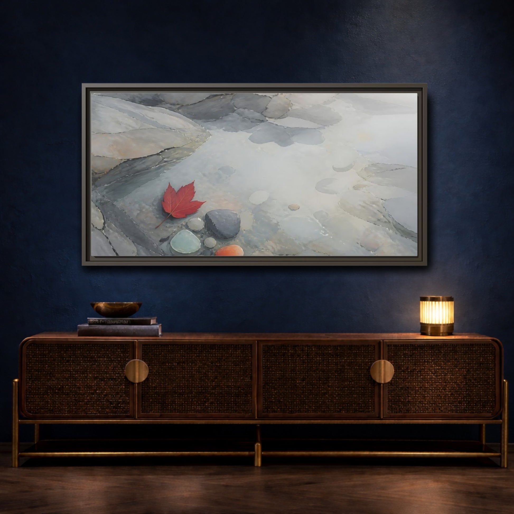 Mockup 4. Red Leaf On Slate Stones shown as framed canvas print